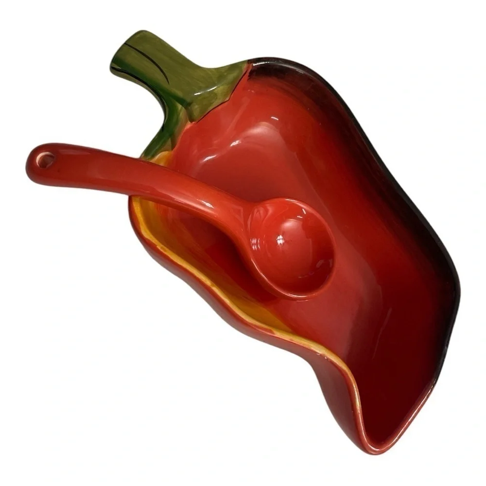Vintage Clay Art Chili Pepper Salsa Dip Bowl with Serving Spoon Hand Painted